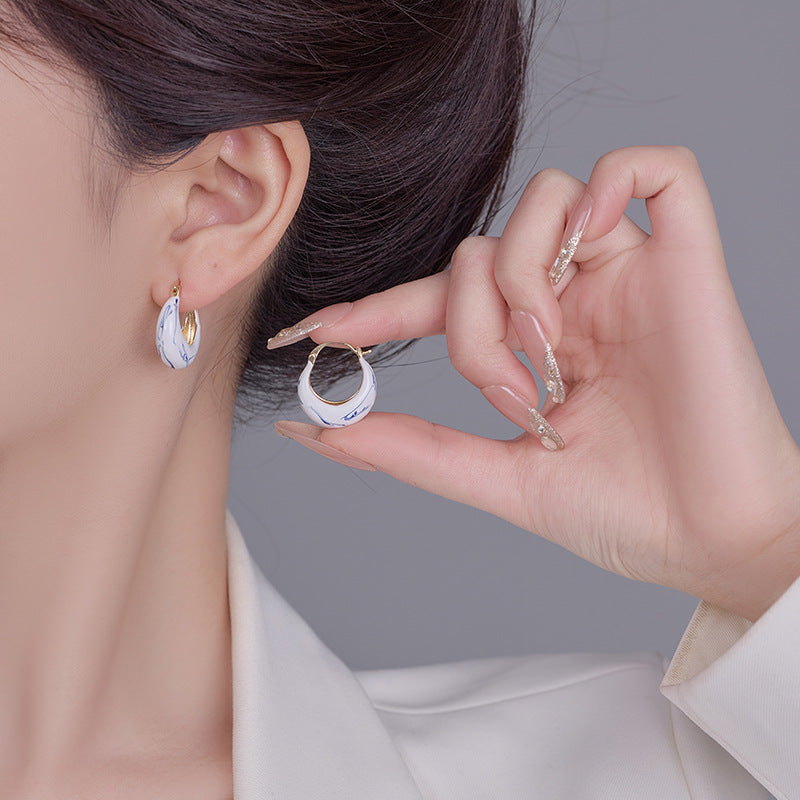 Irregular Blue White Porcelain Hoop Earrings