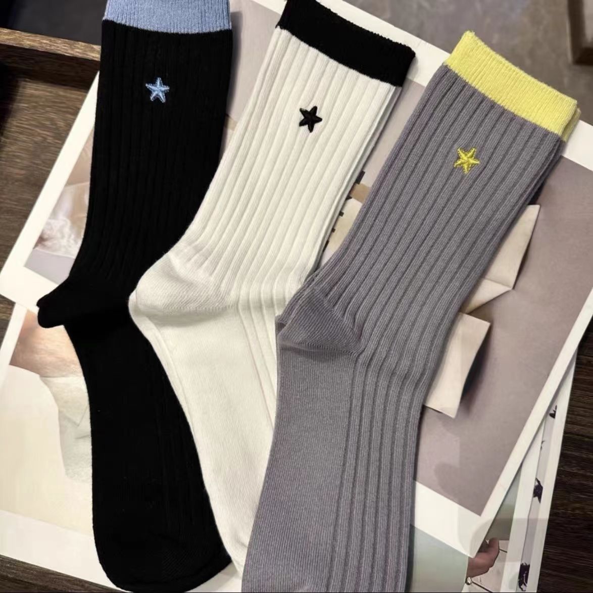 Star Embroidered Color Block Socks