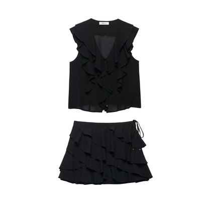 Ruffle V-Neck Sleeveless Top Mini Skirt Set