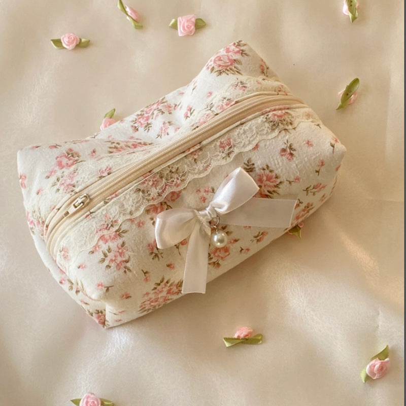 Cute Bow Flower Print Makeup Bag