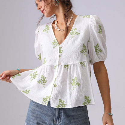 Floral Embroidered V-Neck Puff Sleeves Shirt