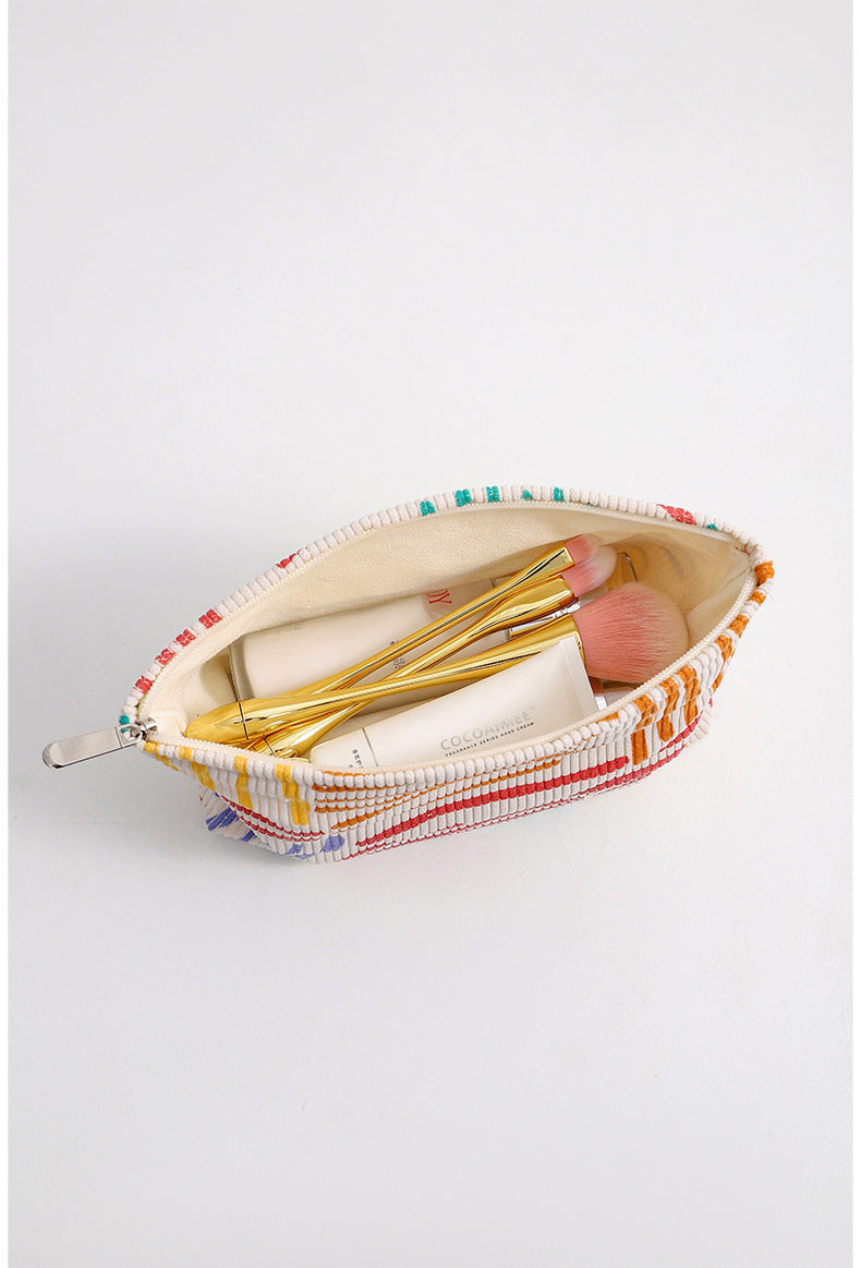 Floral Sreipe Corduroy Portable Cosmetic Bag