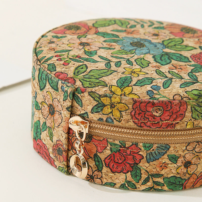Vintage Flower Print Round Wooden Jewelry Case
