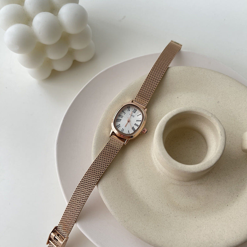 Vintage Oval Slim Strap Roman Numeral Gold Watch