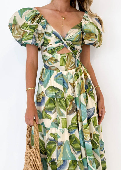 Puffy Sleeves Floral Print Belted Dress
