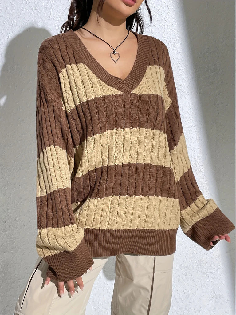 V-Neck Color Block Oversized Pullover Sweater