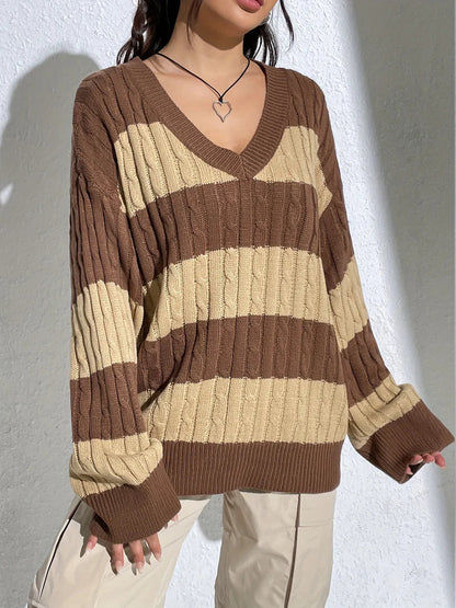 V-Neck Color Block Oversized Pullover Sweater