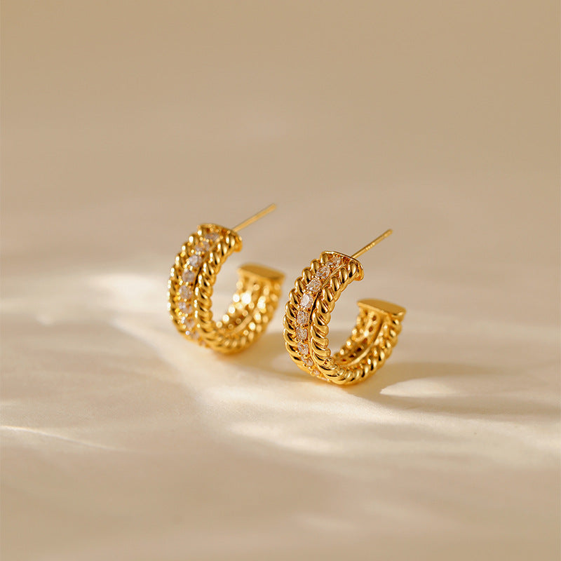 Trendy Twisted C Shaped Rhinestones Stud Earrings