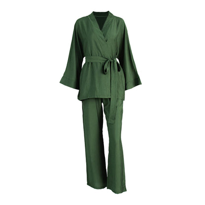 Casual Kimono Robe Pajamas Set With Belt