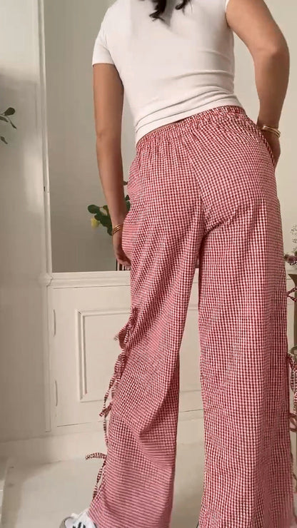 Plaid String Tie Straight Leg Pants
