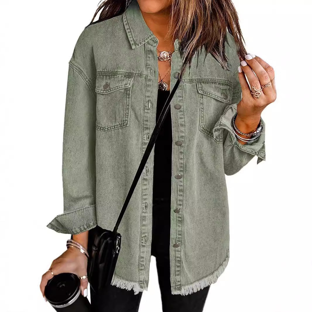Trendy Washed Long Sleeve Frayed Hem Jacket