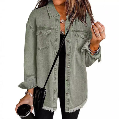 Trendy Washed Long Sleeve Frayed Hem Jacket