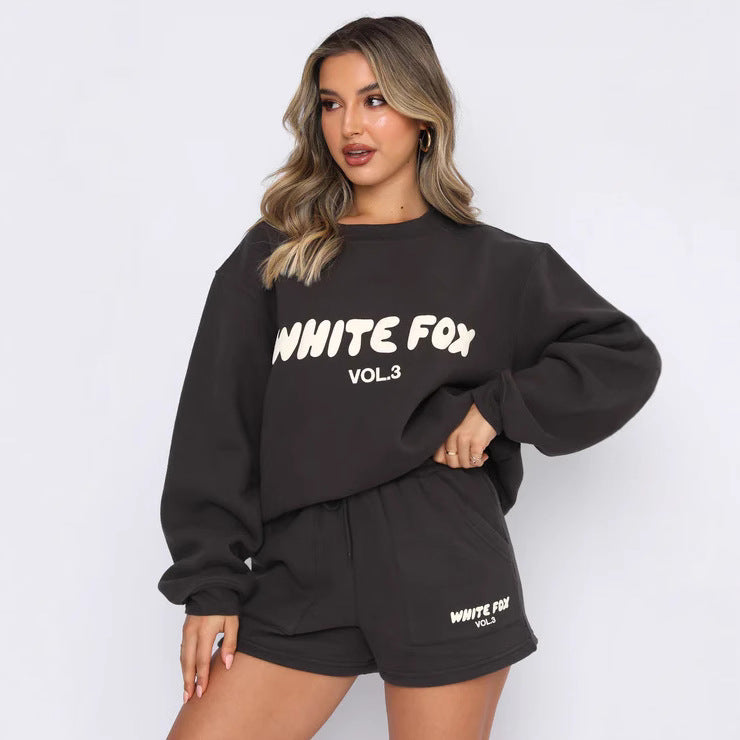 Letter Print Loose Sweatshirt Short Casual Set