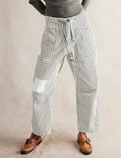 Casual Splice Striped Drawstring Wide Leg Pants