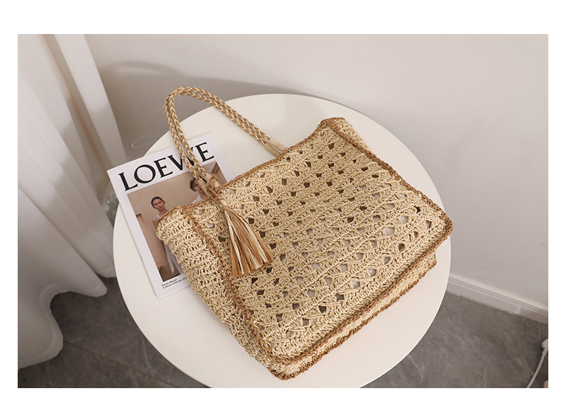 Tassel Color Block Hollow Out Woven Tote Bag