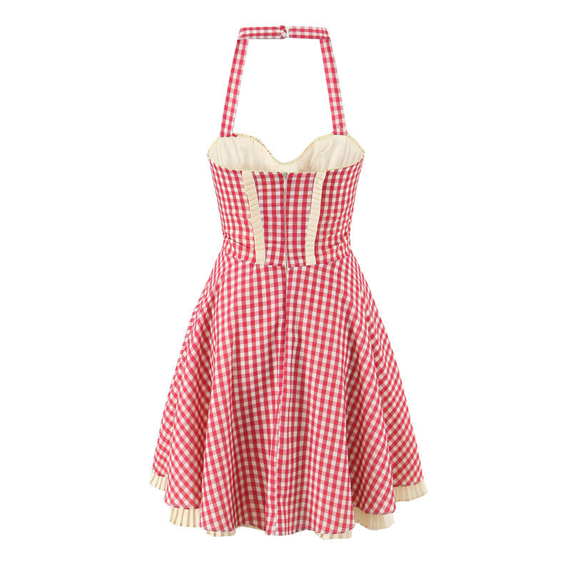 Sweet Halter Sleeveless Plaid Midi Dress