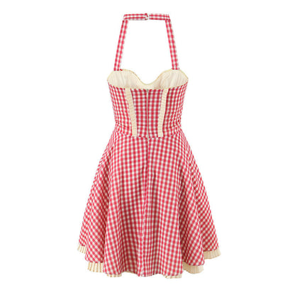 Sweet Halter Sleeveless Plaid Midi Dress