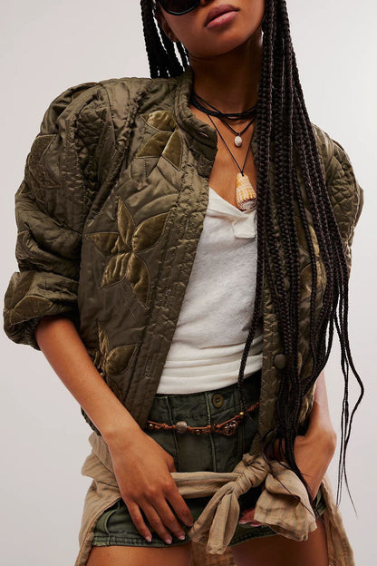 Leaf Pattern Casual Short Padded Jacket