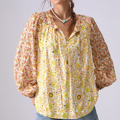 Vintage Floral Print Button Loose Top