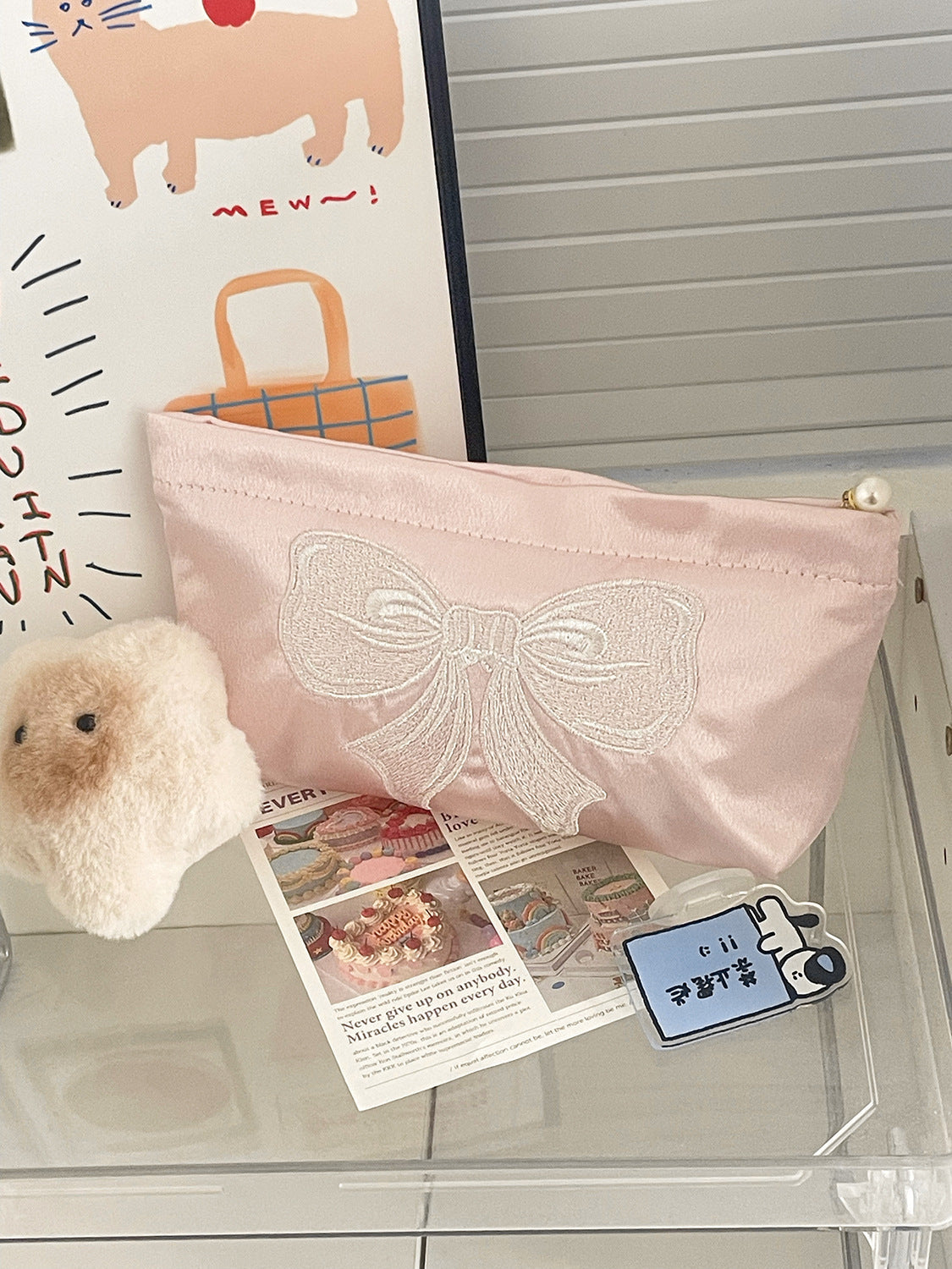 Cute Embroidered Bow Satin Makeup Bag