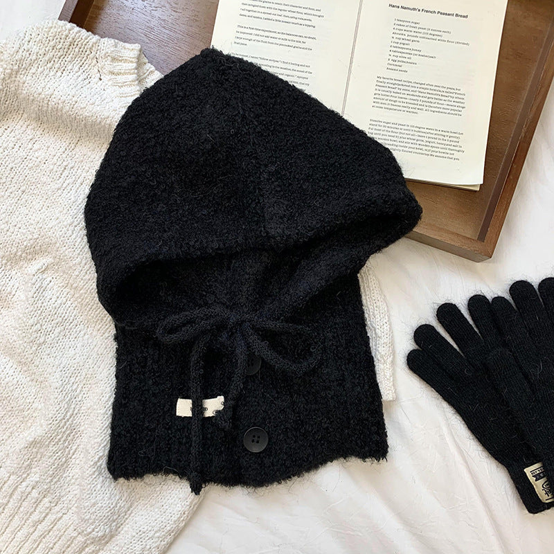 Solid Color Button One-Piece Hat & Scarf