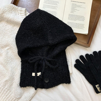 Solid Color Button One-Piece Hat & Scarf