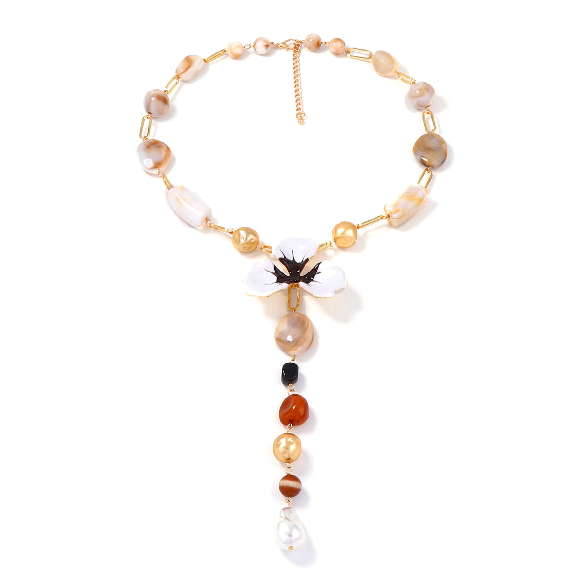 Elegant Enamel Flower Y Shaped Gold Necklace