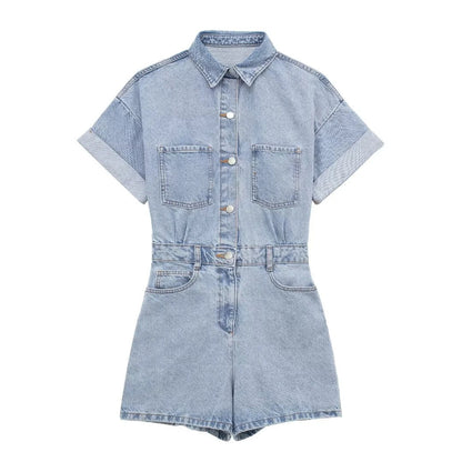 Casual Solid Color Denim Short Romper
