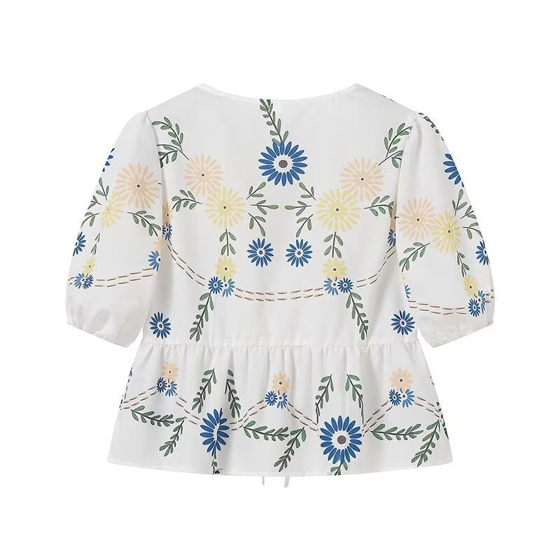 Trendy Flower Printed Tie Front Crop Top