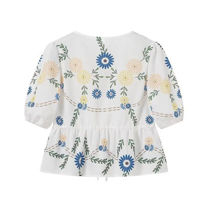 Trendy Flower Printed Tie Front Crop Top