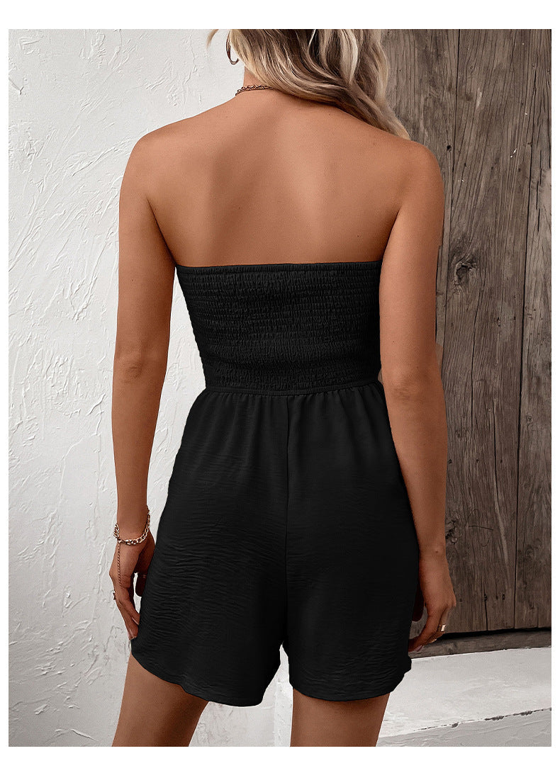 Casual Solid Color Strapless Short Jumpsuit