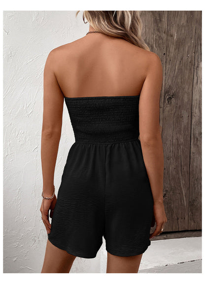 Casual Solid Color Strapless Short Jumpsuit