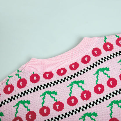 Cherry Print Contrast Color Sweater