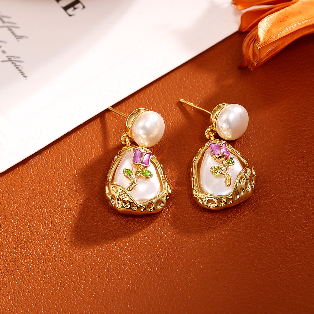 Trendy Baroque Pearl Rose Dangle Stud Earrings