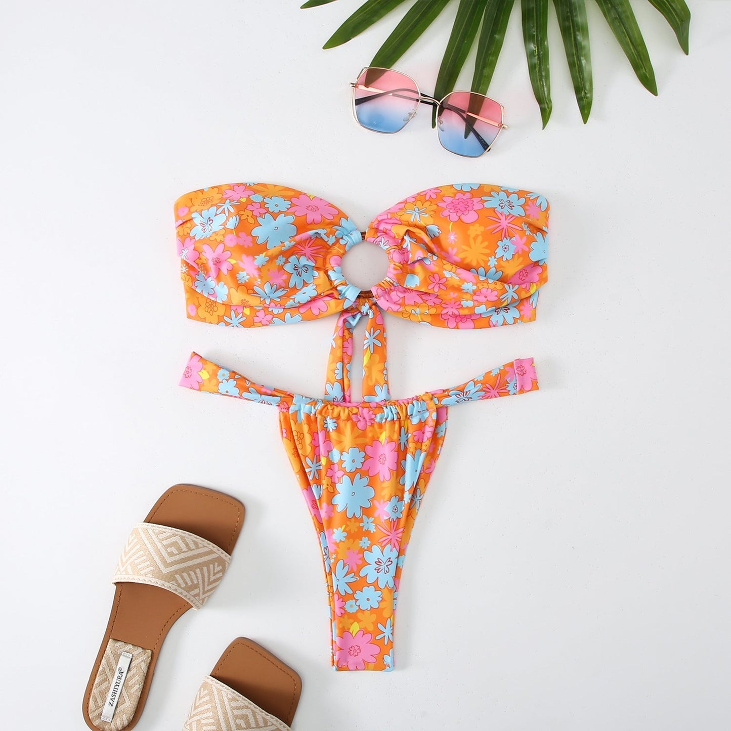 2PCS Flower Print Strapless Sexy Swimwear