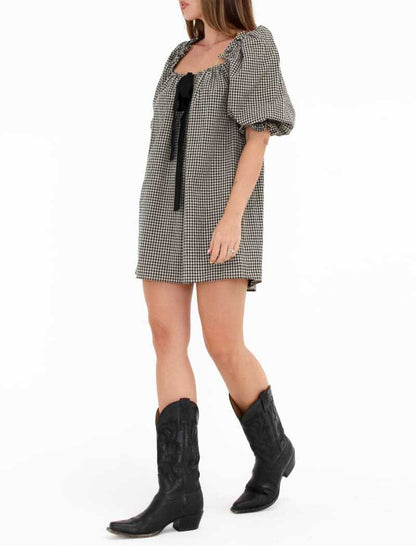 Vintage Off-Shoulder Puff Sleeve Babydoll Dress