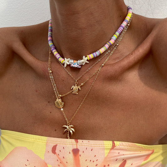 Colorful Polymer Bead Scallop Layered Chain Necklace