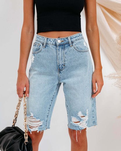 Washed Ripped Straight Leg Denim Shorts