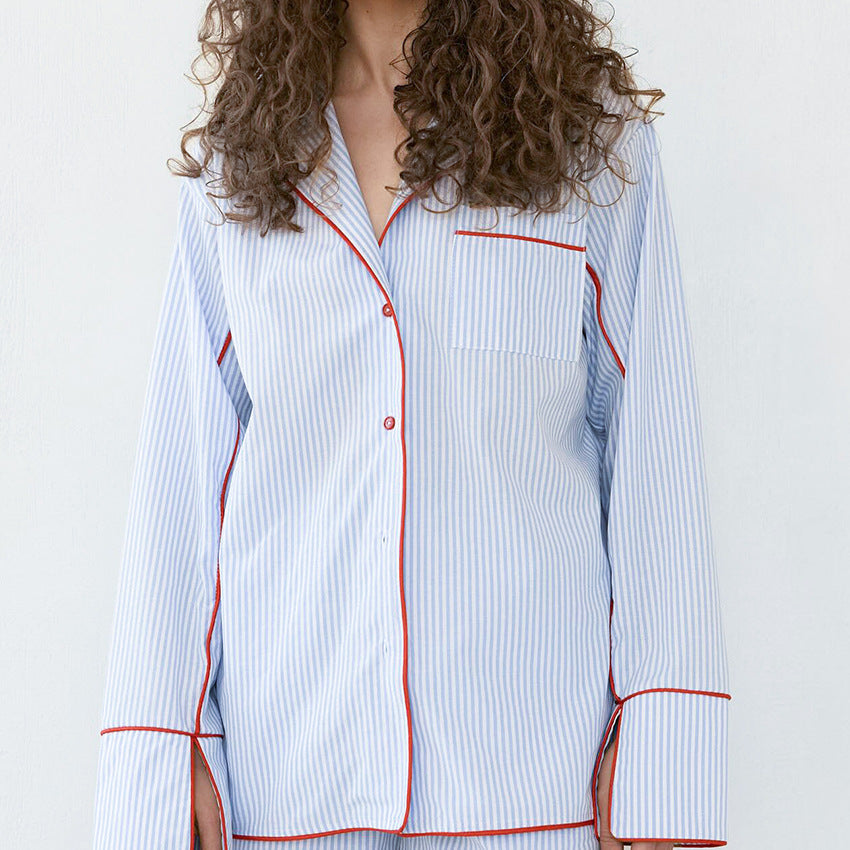 Striped Long Sleeve Cardigan Shorts Sleepwear Set