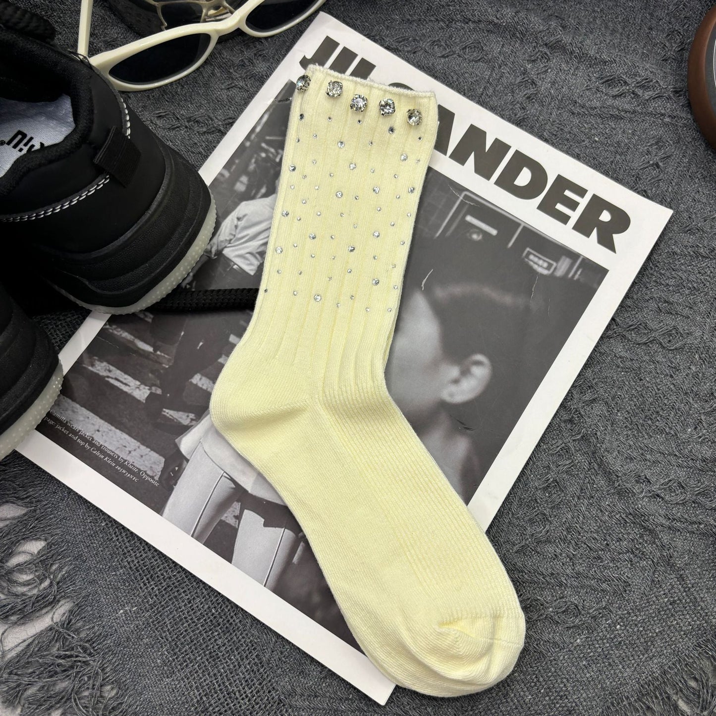 Rhinestone Ribbed Sweet Cotton Socks