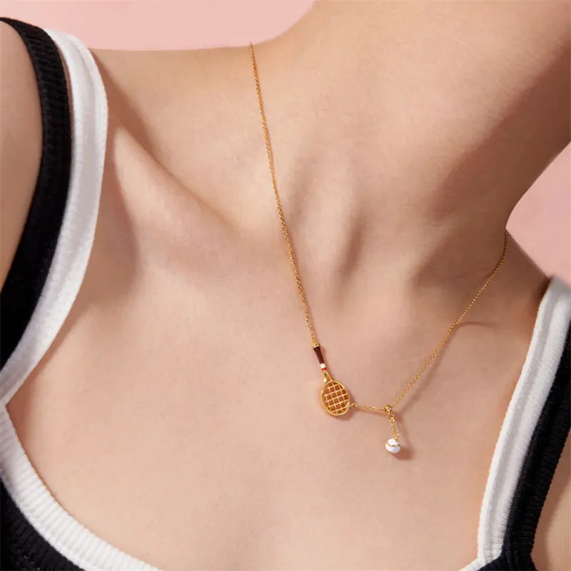Funny Gold Plated Tennis Racket Ball Necklace