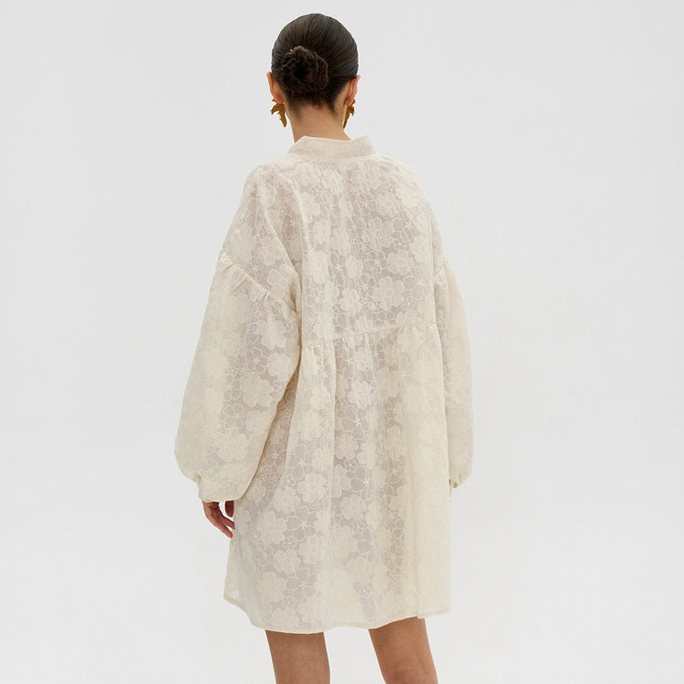 Flower Jacquard Lantern Sleeves Sweet Mini Dress