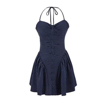 Simple Striped Halter Tie Back Mini Dresses