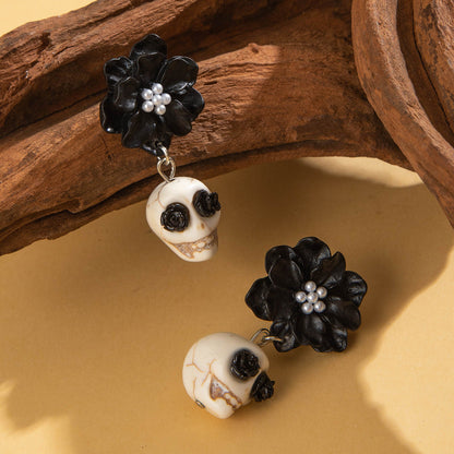 Gothic Black Camellia Skull Stud Earrings