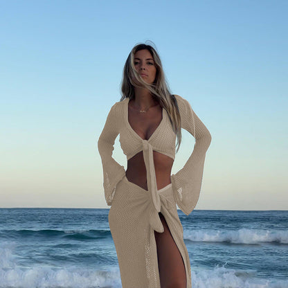 Sexy Hollow Out Knit String Tie Cover Up Set
