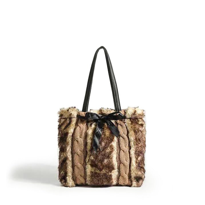 Leopard Knit Patchwork Plush Shoulder Tote Bag
