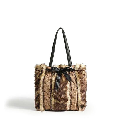 Leopard Knit Patchwork Plush Shoulder Tote Bag