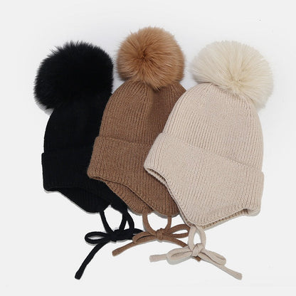 Solid Color String Tie Knit Pom Beanie