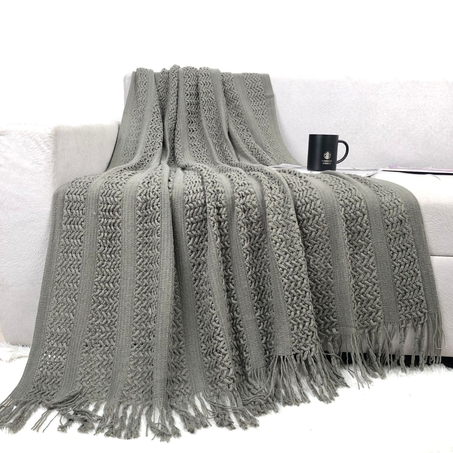 Solid Color Cozy Cable Knit Sofa Blanket