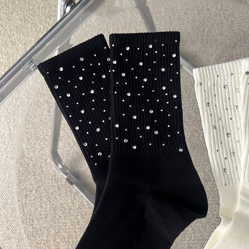 Rhinestone Ribbed Simple Cotton Socks